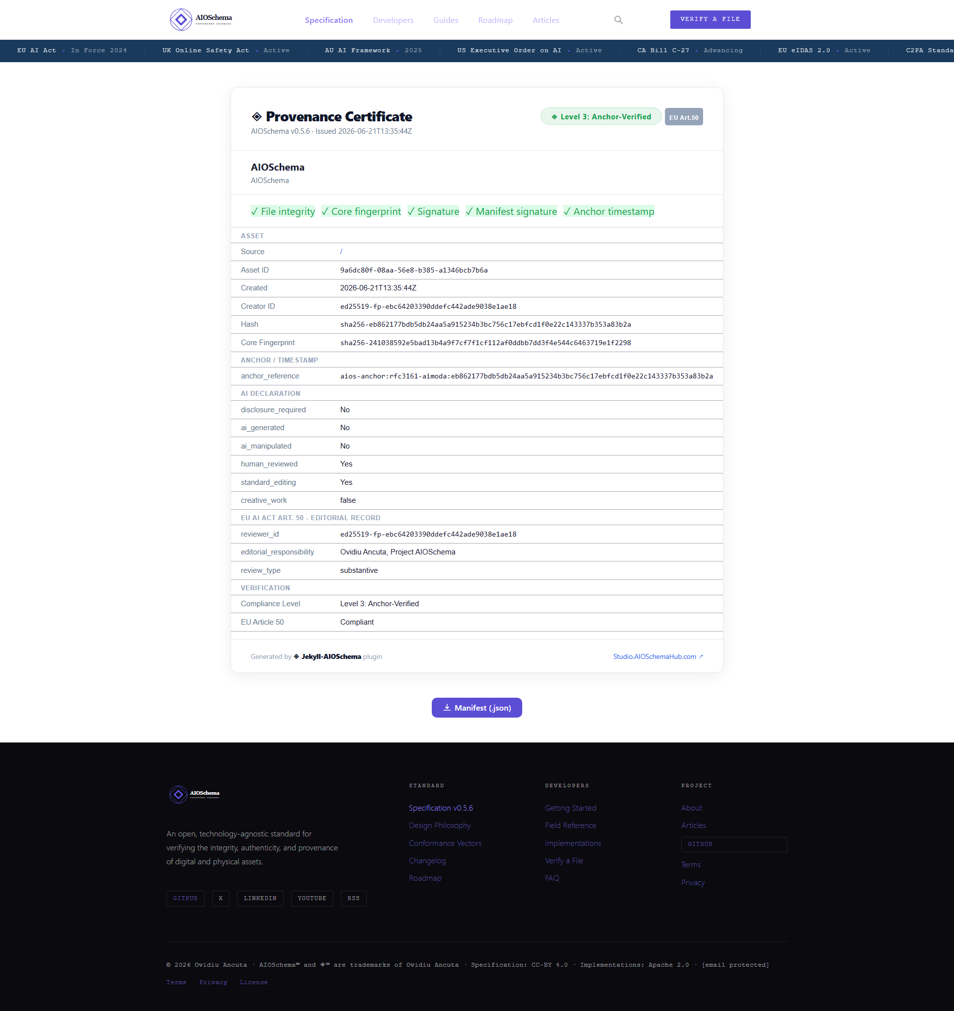 AIOSchema Provenance Certificate for the homepage, showing Level 3: Anchor-Verified status, all five verification checks passing, and the EU Art. 50 editorial record.